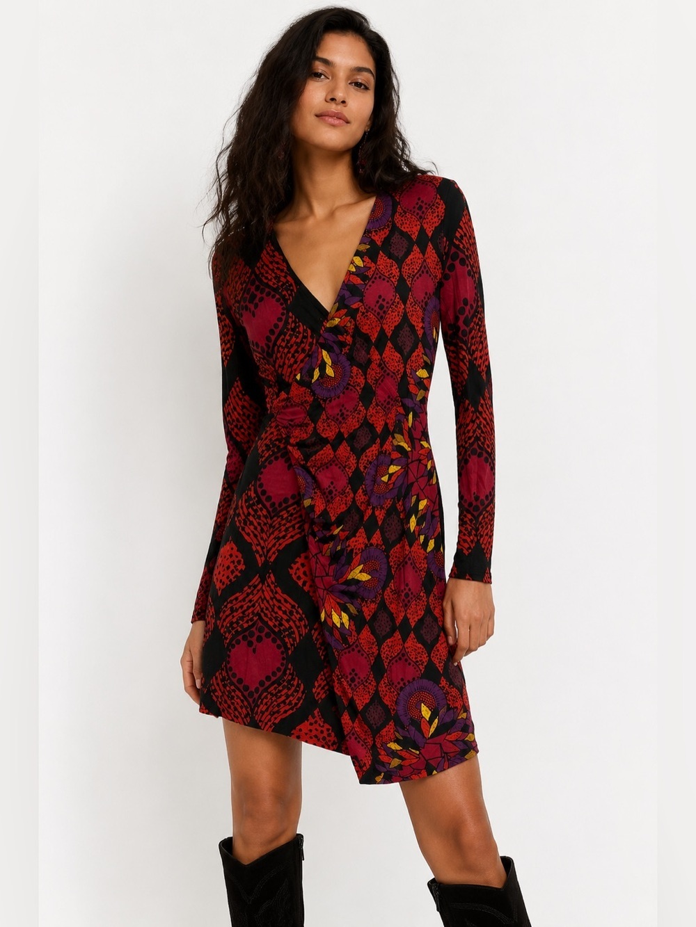 Desigual Boho Faux Wrap Mini Dress Women’s Size S Long Sleeve